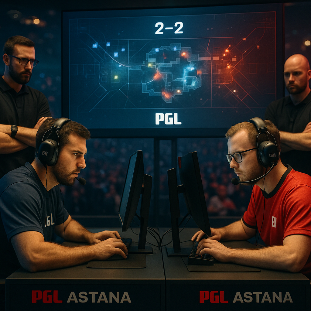 Low-angle photo of the PGL Astana CS2 stage during a tight best-of-five decider, blue