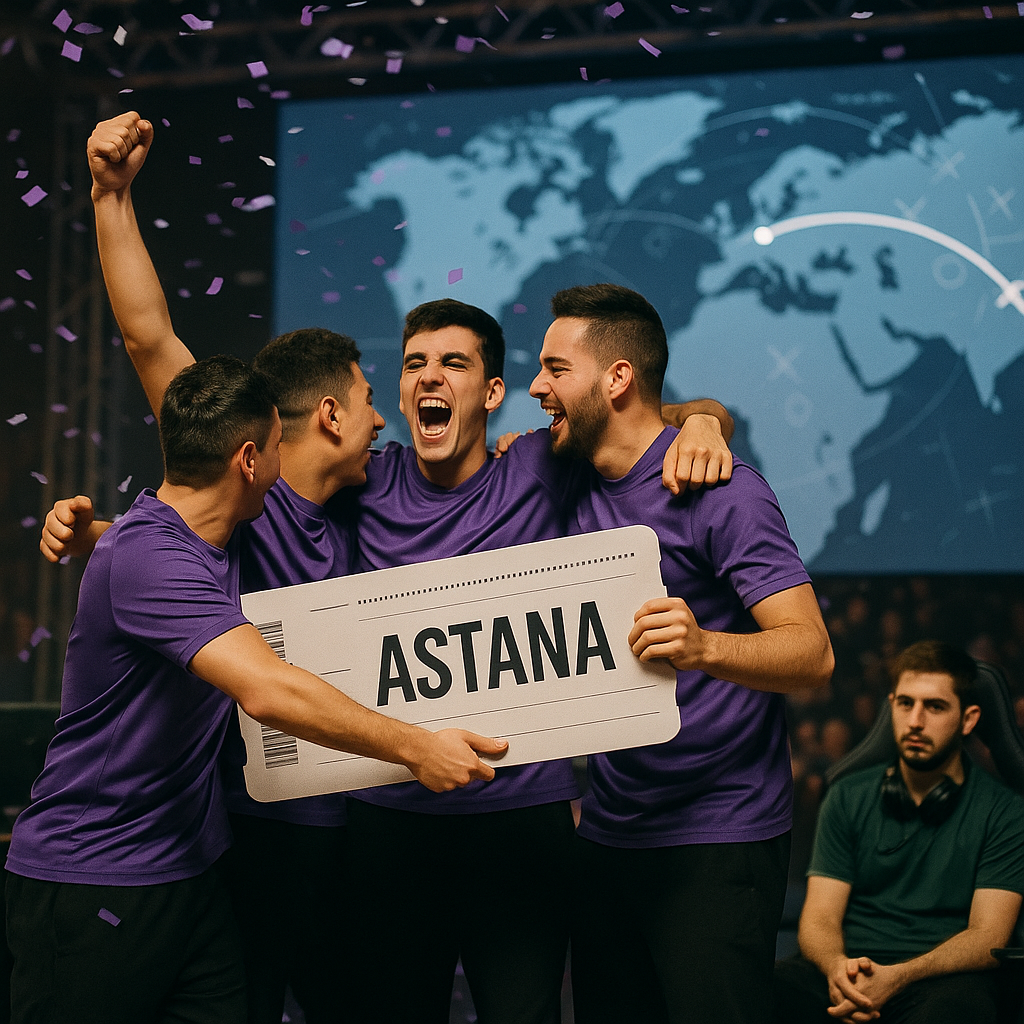 South American esports team in purple celebrates clinching the region’s single slot to an
